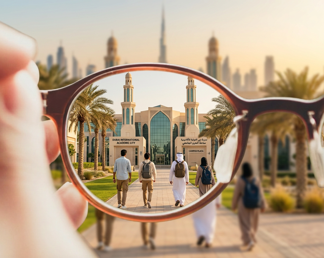 Looking at a university campus through eyeglasses