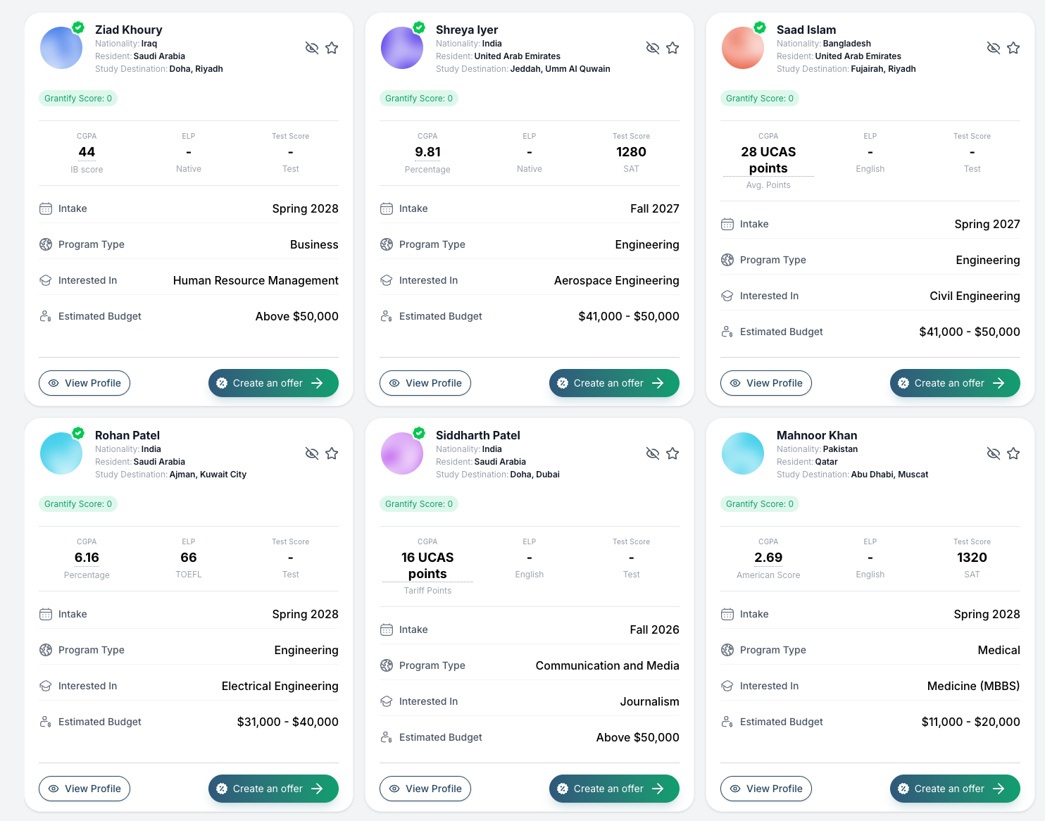 Prixion AI ranked student profile cards with scores, intake, and program details