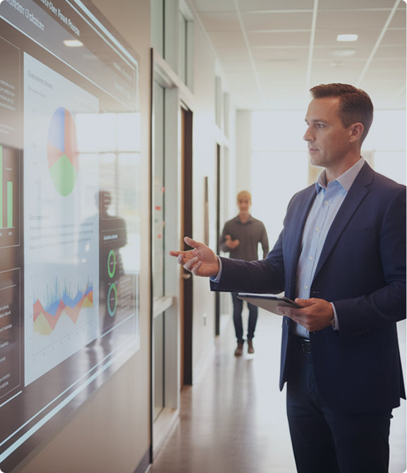A school leader reviewing performance dashboards
